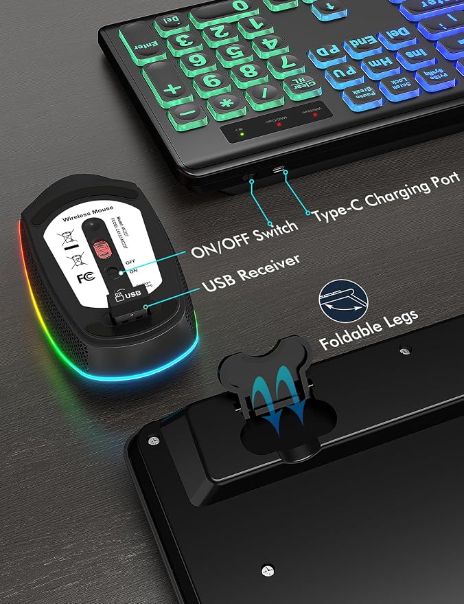 Wireless Keyboard and Mouse Combo with RGB Backlit, Rechargeable | Light Up Letters, Full-Size, Soft Typing, Sleep Mode, 2.4GHz Quiet Keyboard Set for Mac, Windows, Laptop, PC, Trueque KM42Pro - Image 9
