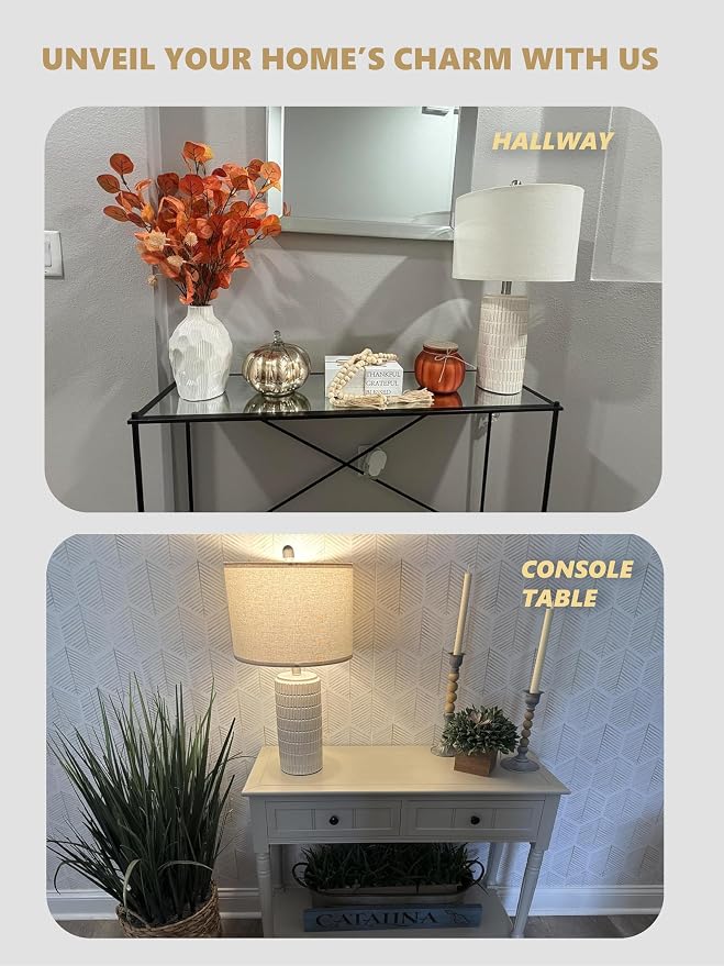 PoKat 23'' Bedside Table Lamp for Bedroom Nightstands, Modern Ceramic Decor | White Desk Lamp, Nickel Pole, House Warming & Birthday Gifts, for Women Mom, Ideal Table Light for End Table & Living Room - Image 2