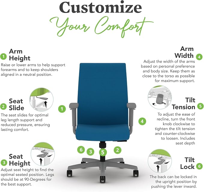 HON Ignition 2.0 Ergonomic Office Chair, Lumbar Support, Peacock | Upholstered ergonomic office desk chair with lumbar support, adjustable arms, office decor, standard tilt for comfort - Image 4