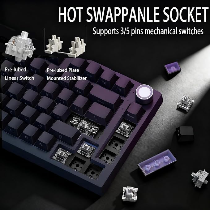 Keymatic Wireless Mechanical Keyboard,75% Hot Swappable Custom Keyboard with Knob,RGB Backlit,Side Printed PBT Keycaps,2.4GHz/USB-C/BT5.0 Mechanical Gaming Keyboards - Image 7