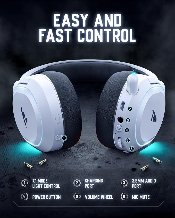 Wireless Gaming Headset, 7.1 Surround Sound, 2.4GHz USB Gaming Headphones with Bluetooth 5.4, 100H Battery, ENC Noise Canceling Mic, RGB Light, Wireless Headset for PC PS5 PS4 Mac Switch (Black-White) - Image 7