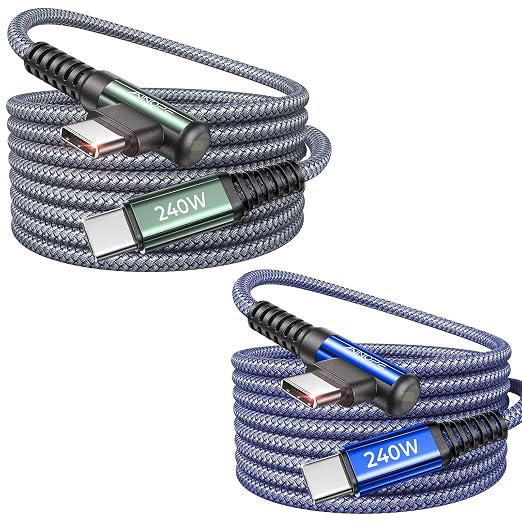 AINOPE 240W USB C to USB C Cable Fast Charging 6FT,Right Angle Fast Type C Charging Cable Fits iPhone 16 Pro Max Plus,iPhone 15,MacBook Air/Pro,iPad Pro,Samsung,Pixel,All Devices, Grey,Blue 2Pack by AINOPE10yearsforphoneaccessories