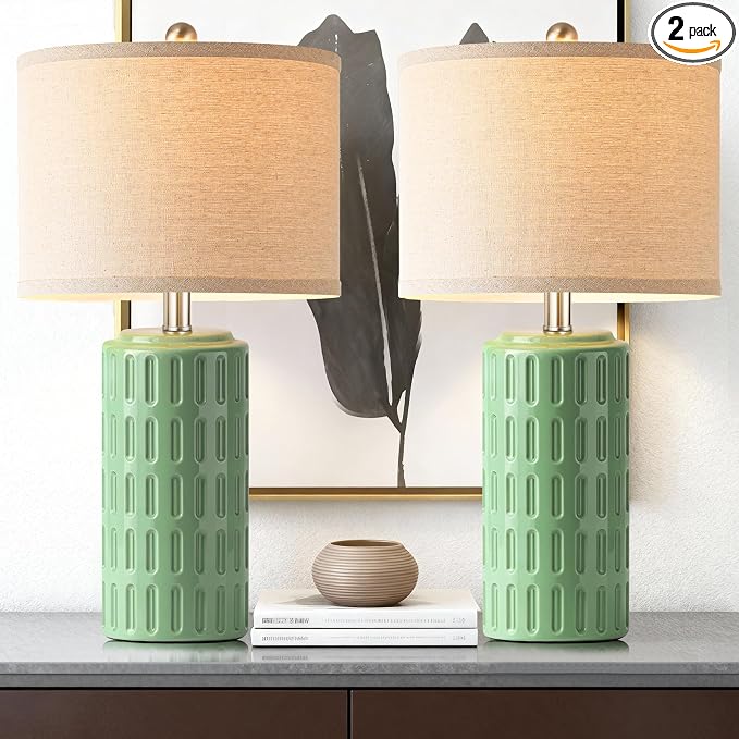 23" Farmhouse Modern Ceramic Table Lamp Set of 2 - Sage Green Bedside Lamps for Bedroom & Living Room, Nightstand, Desk, End Table by PARTPHONER