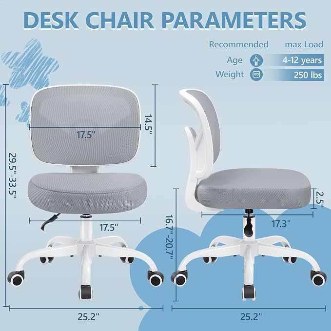 Kids Desk Chair, Pink Study Chair for Boys Girls with Height Adjustable, Swivel Mesh Task Student Chairs for 4-12, Growing Teen Office Chair for Home/School/Office(Gray) - Image 2