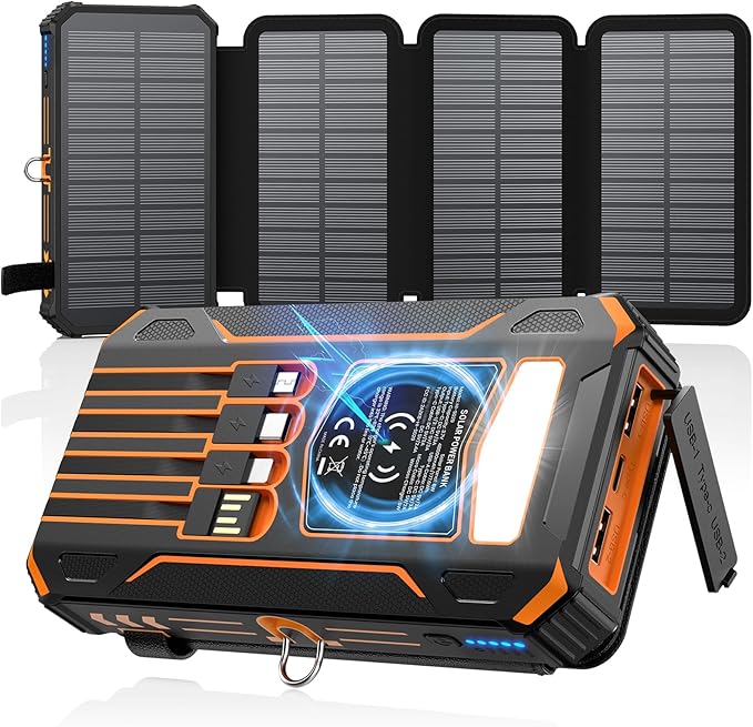 SOARAISE Solar Power Bank 48000mAh Wireless Portable Charger with 4 Cables | Solar Charger with 4 Solar Panels, 48000mAh High Capacity, PD QC 3.0 Fast Charging Battery Pack, Flashlights for Camping by SOARAISE