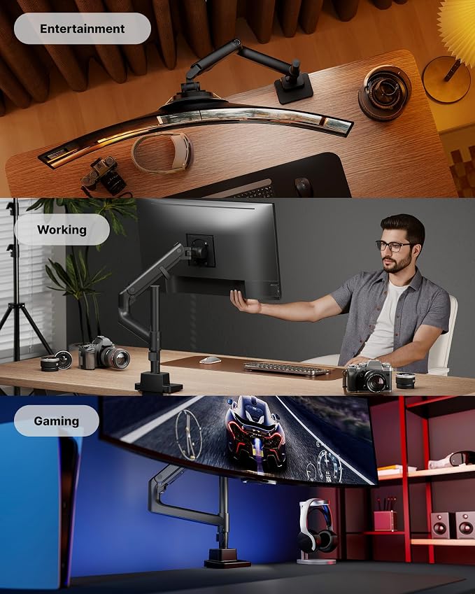 monTEK Ultrawide Monitor Arm Max 57",Height Adjustable 8.1"-25.5",Black | Fits 17–57" Curved Monitors, Up to 59.4 lbs,Heavy Duty 75/100 VESA Monitor Stand,No Sag,Gaming & Office Workstation - Image 8