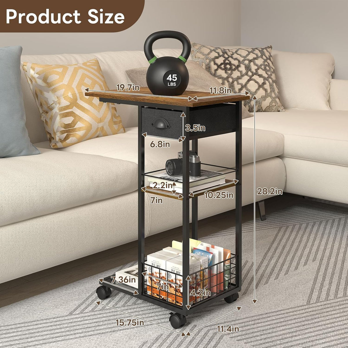 3-Tier Side Table with Wheels and 360° Rotation, C Table with Drawer, End Table for Couch, Space Saving Small Desk for Narrow Space, TV Tray, Vintage Bedside Table for Living Room, Bedroom - Image 2