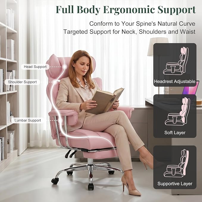 Pink Office Chair 400 LBS, for Women, Home Office | Big and Tall, PU Leather, Executive Ergonomic Desk Chair with Footrest, Lumbar Support, Wide Seat ,Reclining, Swivel Wheels - Image 4