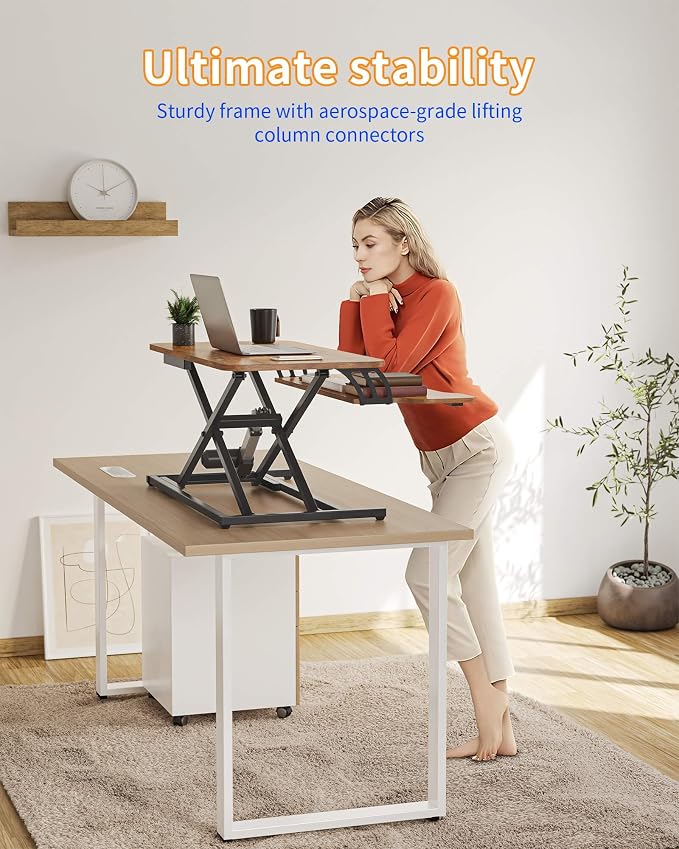 YIHAYO Electric Standing Desk Converter 32 inch, Sit to Stand Up Height Adjustable Desk Riser, Quick Sit to Stand Tabletop Dual Monitor Riser Workstation with Keyboard Tray, Rustic Brown - Image 4