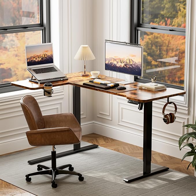 L Shaped Electric Standing Desk - 51x31.5 Inch Reversible Corner Sit Stand Desk with Hook&Cup Holder,Electric Height Adjustable Table,for Small Home Office&Bedroom Computer Desk, Rustic Brown - Image 2
