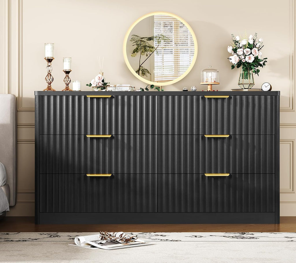 Fluted 6 Drawer Dresser for Bedroom, Wide Modern Chest of Drawers with Metal Handle, Curved Profile Design, Wood Closet Clothes Storage Organizer for Bedroom, Living Room, Hallway, Black - Image 4
