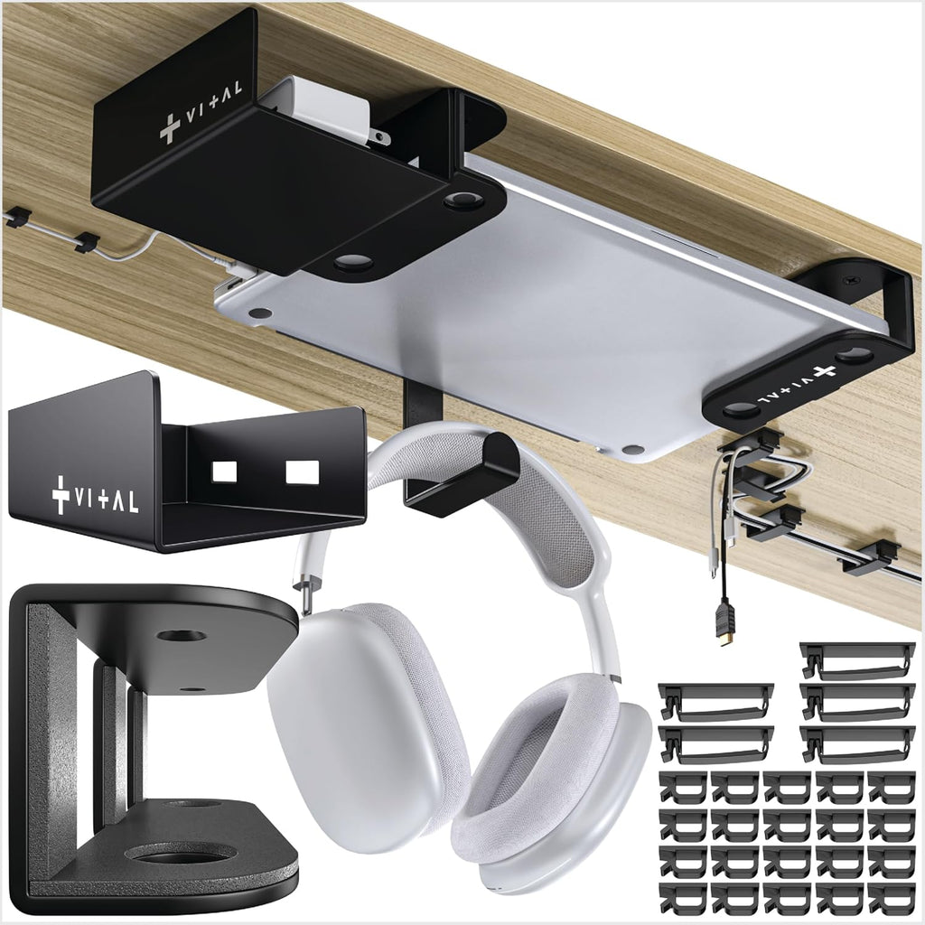 VI+AL Under Desk Laptop Mount - Hidden Metal Shelf with Side Storage, Hook & Cable Organizer - Installs with Tape & Screws - Fits Devices up to 1.7" Thick - Deluxe by VI+AL