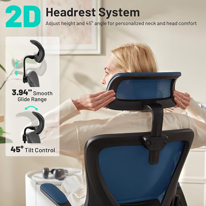Office Chair - Ergonomic Desk Chair Breathable Mesh Chair with 2D Headrest & Adjustable Lumbar Support - Executive High Back Rolling Swivel Computer Gaming Chair with Wheels Flip-up Armrests - Image 4