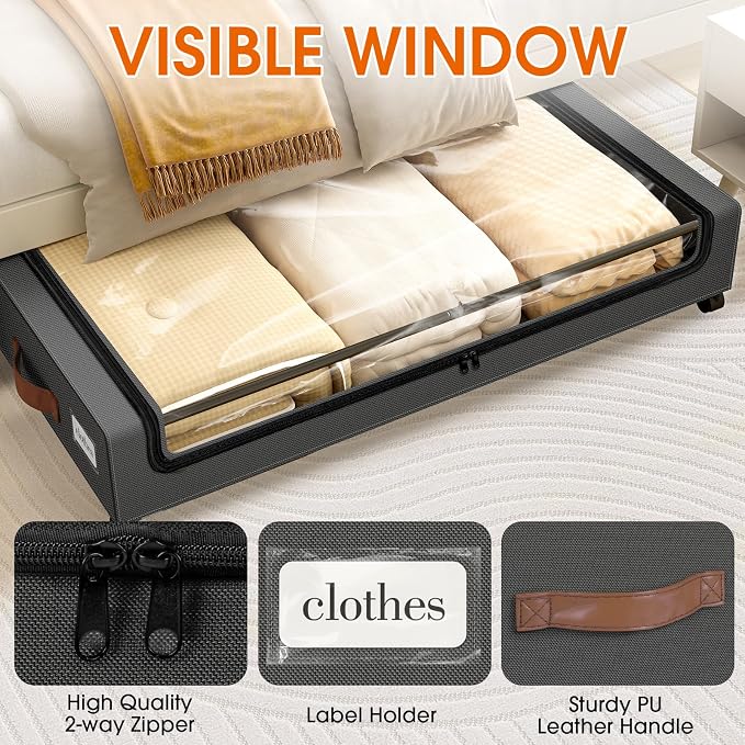 Under Bed Storage with Wheels 3Pack Storage Containers with Clear Window | Under Bed Drawers Rolling Under Bed Storage for Clothes,Shoes, Blankets (30.71 x 16.93 x 6.69 in, Dark Grey) - Image 3