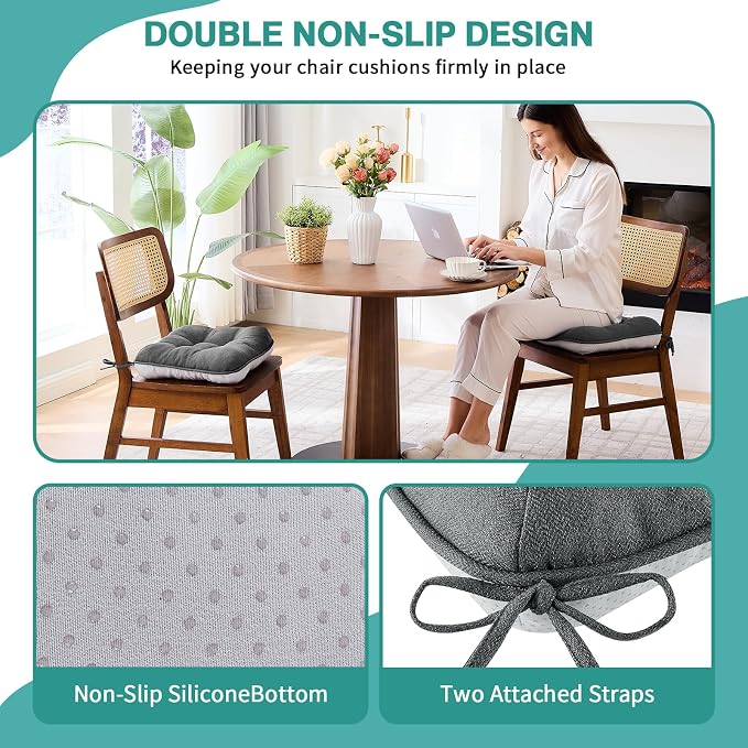 BETU Chair Cushions for Dining Chairs Set of 4,3.5" Thick Kitchen Table Chair Pads with Ties,Non Slip Backing and Covers, Seat Cushion for Dining Room,Bar,Patio Chairs,15.5"X15.5"X3.5",Dark Grey - Image 2