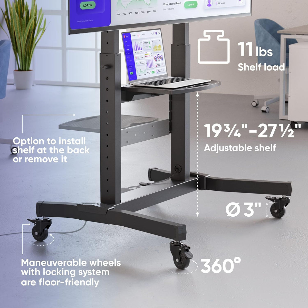 ONKRON Mobile TV Stand 50-100 Inch, up to 265 lbs, max VESA 1000x600, Black - Image 5