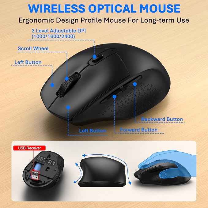 Ergonomic Wireless Keyboard Mouse Combo, EDJO Bluetooth/2.4G Dual-Mode Connection, Soft Foam Wrist Rest, Silent Typing, Waves Key Design and 3-Level DPI Adjustable Wireless Mouse for Windows, Mac OS - Image 5