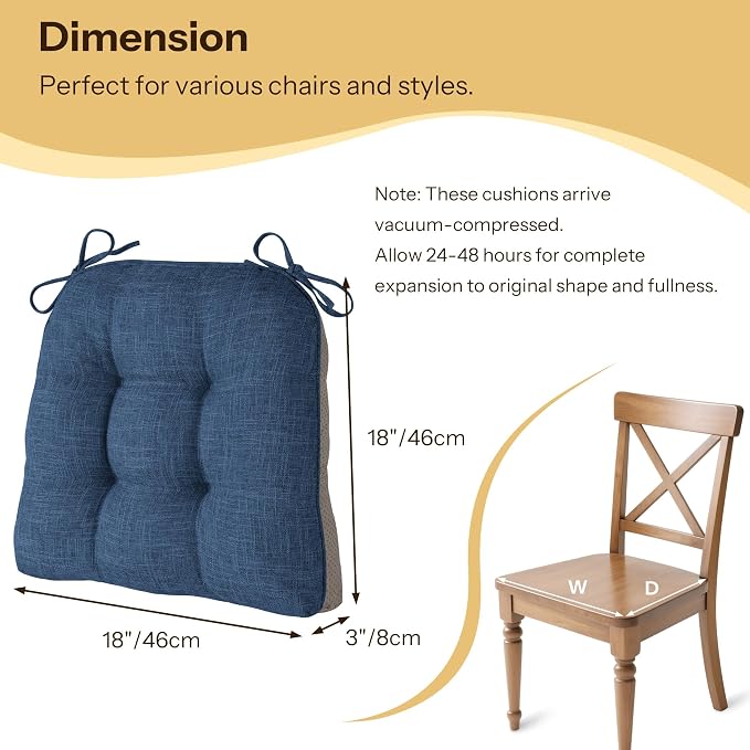 Chair Cushions for Dining Chairs Set of 2, 18"x18"x3", Royal Blue | Non-Slip with Ties, Tufted, Faux Linen, Seat Cushions for Dining Room Kitchen Breakfast Nook Indoor Home Office Living Room - Image 2