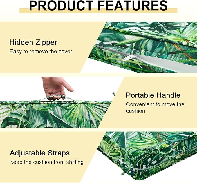 downluxe Outdoor Chair Cushions Set of 4, Waterproof 19" x 19" x 3" Patio Chair Cushion with Non-Slip Ties & Handle, Square Outdoor Cushion for Patio Furniture with Removable Cover, Palm Leaves - Image 5