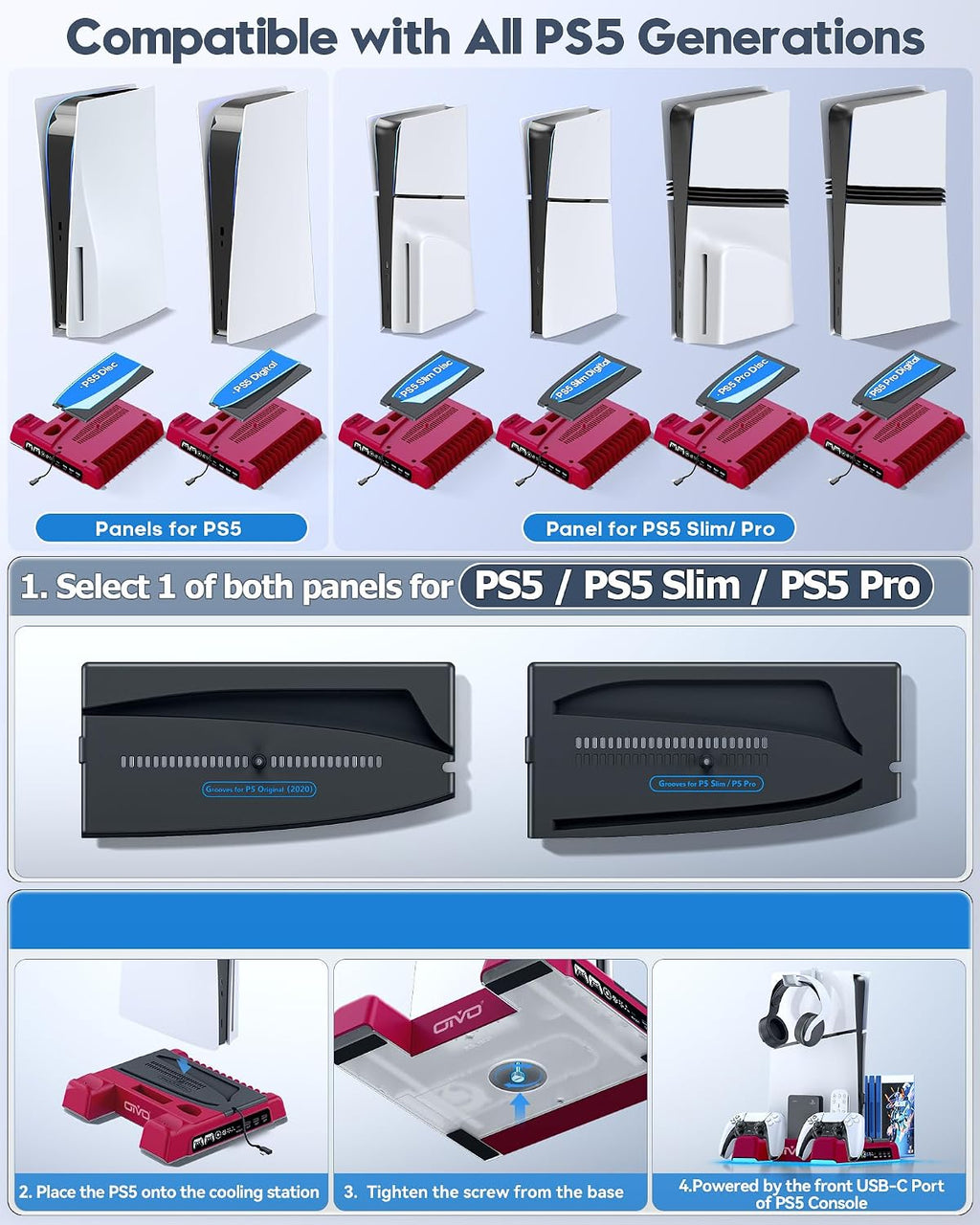 PS5/Slim/Pro Stand and Cooling Station with LED Controller Charging Station for P 5 Console, Controller Charger, Cooling Stand, PS5/Slim/Pro Skin Accessories Kit with 3 Level Cooler Fan, Volcanic Red - Image 2
