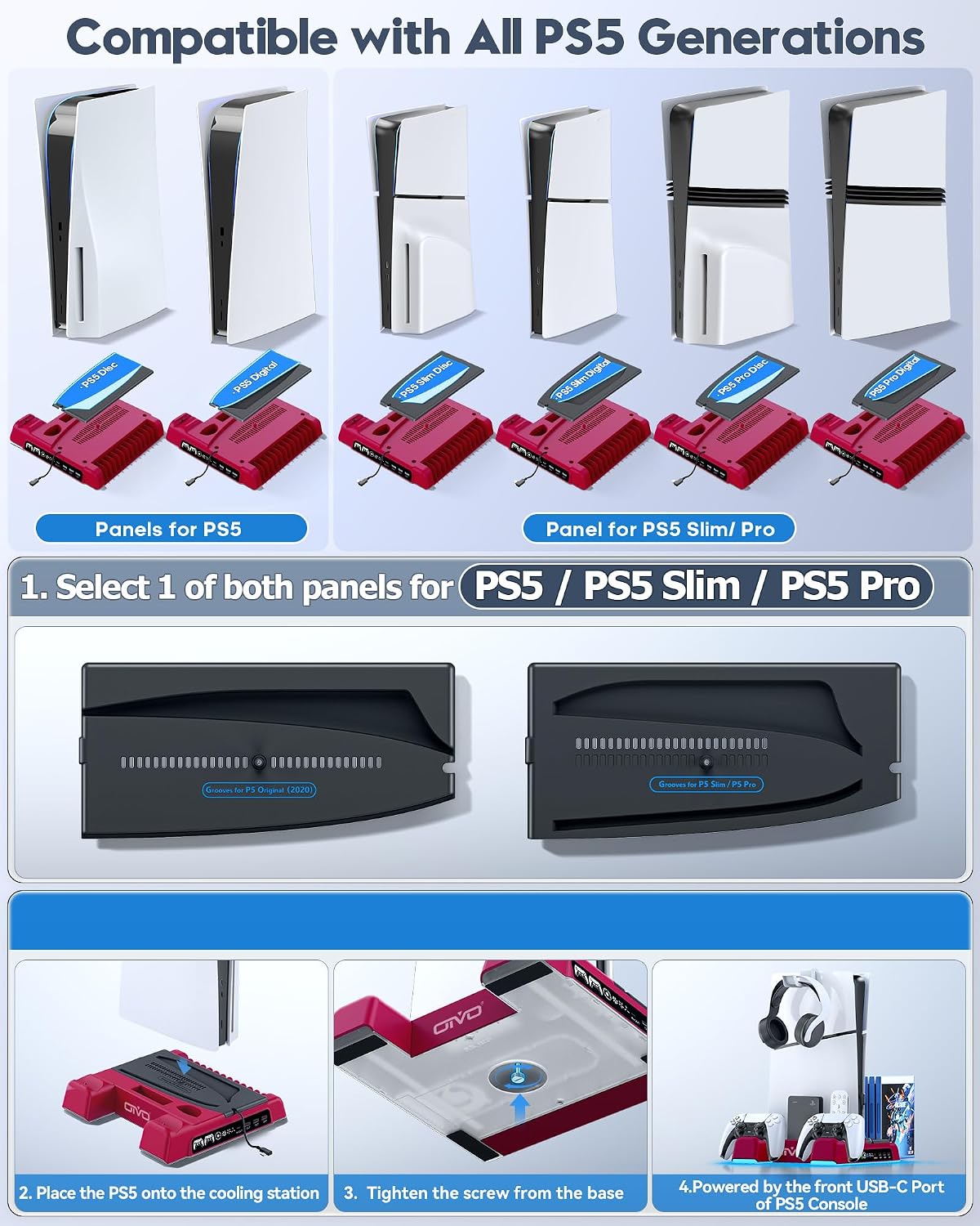 PS5/Slim/Pro Stand and Cooling Station with LED Controller Charging Station for P 5 Console, Controller Charger, Cooling Stand, PS5/Slim/Pro Skin Accessories Kit with 3 Level Cooler Fan, Volcanic Red - Image 2