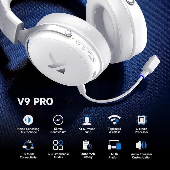 V9 PRO Wireless Gaming Headset 7.1 Surround Sound for PS5 PS4 PC SWITCH TOPSPEED Gaming Headphones, Noise Canceling Mic, 250Hr Battery, Low 15ms Latency, Lightweight, BT 5.3 FPS Games Icy&White - Image 2