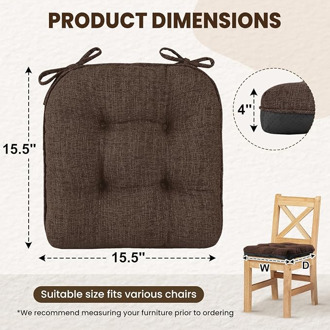 downluxe Indoor Chair Cushions for Dining Chairs, Tufted Overstuffed Textured Foam Kitchen Chair Pads with Ties and Non-Slip Backing, 15.5" x 15.5" x 4", Brown, 6 Pack - Image 2