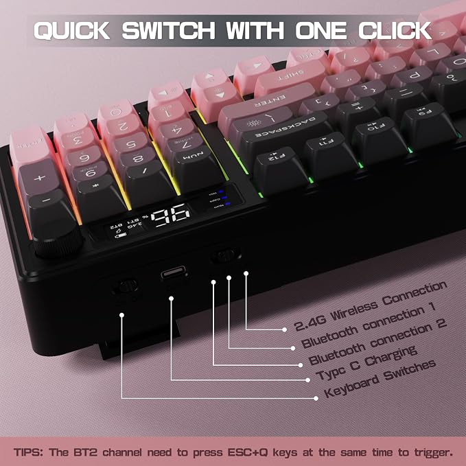 LexonElec M96 Wireless Keyboard, Low Profile Quiet Typing Membrane Gaming Keyboard with Smart Display & Knob, RGB Backlit, USB C Rechargeable, 94 Keys PBT Keycap for Windows PC, Mac, Linux-BlackBerry - Image 7
