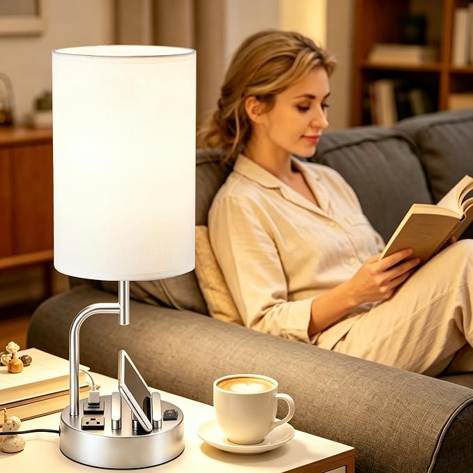 Dreamholder 2 Pack Table Lamp, Bedside Lamp with 3 USB Charging Ports & AC Outlet, USB Desk Lamp with 2 Phone Holders, Linen Fabric Shade Nightstand Lamps for Bedroom Living Room Office, Silver - Image 5