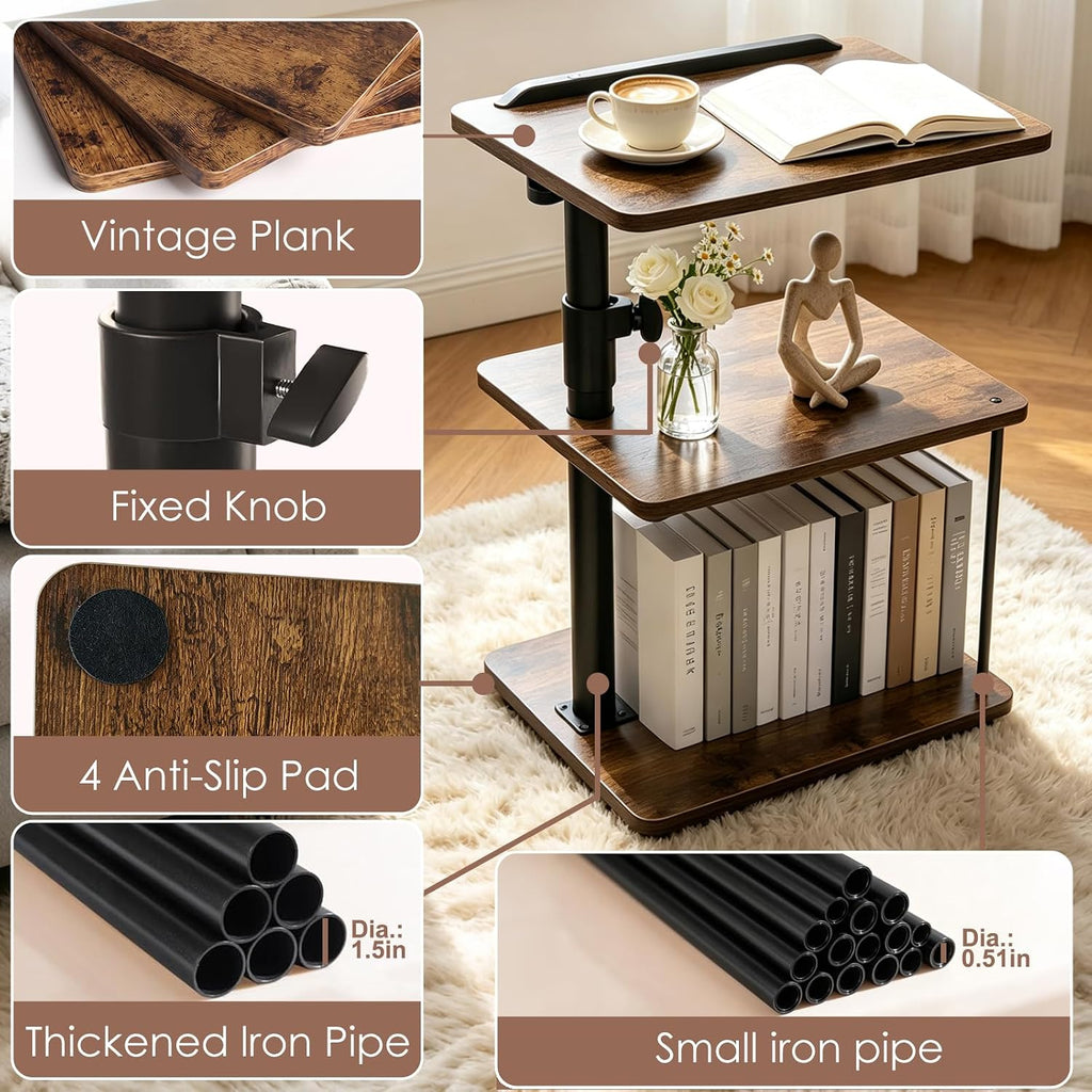 C Shaped Side Table, 360° Swivel Height Adjustable, 3-Tier Sofa Side Desk - Image 6