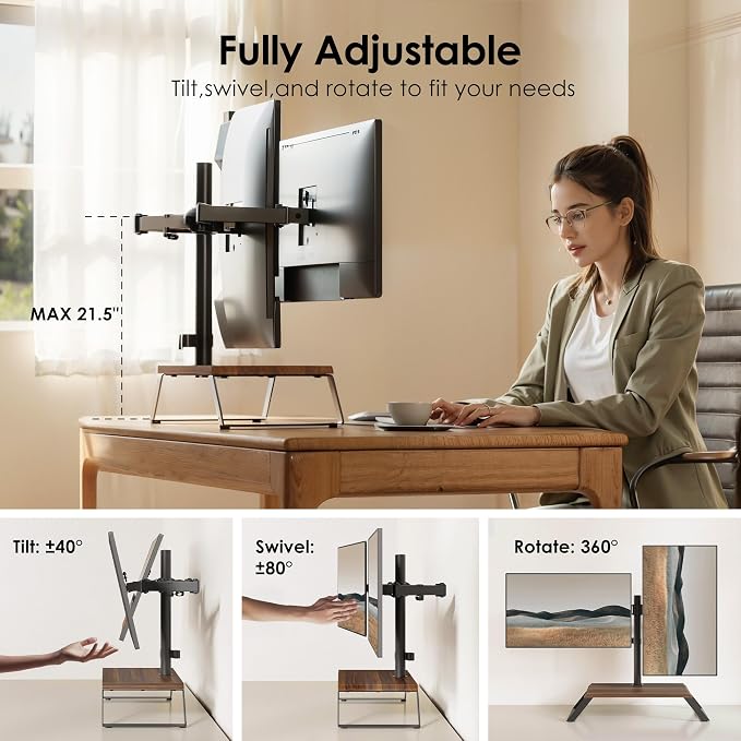 Dual Monitor Stand Riser for 12-27 Inch Computer Screens, Freestanding Double Monitor Stand for Desk, Adjustable Dual Monitor Mount Each Arm Hold up to 22lbs, VESA 75x75/100x100mm - Image 3