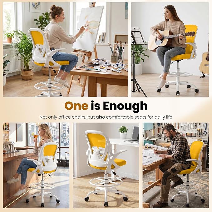 Drafting Chair Tall Office Chair with Flip-up Armrests Executive Ergonomic Computer Standing Desk Chair with Lumbar Support and Adjustable Footrest Ring (Mustard) - Image 5