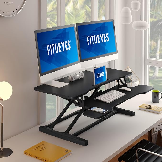 FITUEYES Height Adjustable Standing Desk 36” Wide Sit to Stand Converter | Standing Desk Converter,Stand Up Desk Riser,for Laptop Dual Monitor Riser,Tabletop Workstation for Home Office,Easy Assembly - Image 2