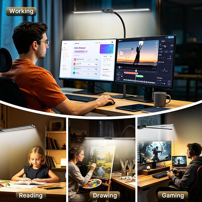Syrinx LED Desk Lamp for Home Office, 18W 2000LM Stepless Dimming Light | Focused & Wide-Area Dual-Light, 360° Gooseneck, 5 Color Temp & 10 Brightness, Flicker-Free Eye-Caring Light for Study & Craft - Image 4