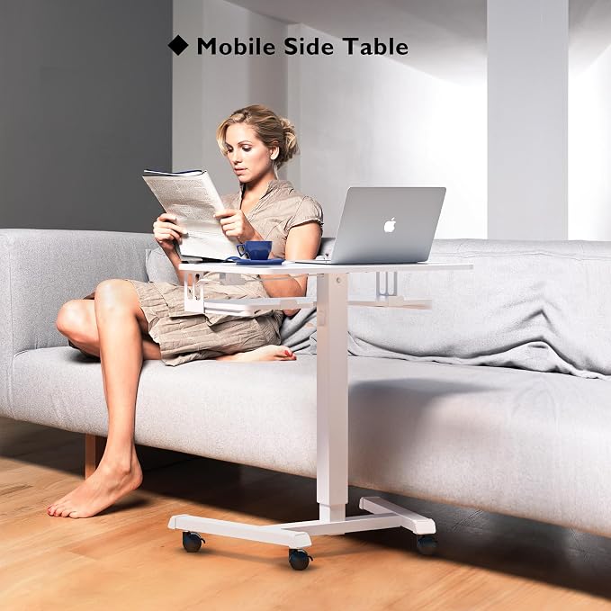 BONTEC Mobile Standing Desk with Keyboard Tray, Mobile Podium on Wheels | Rolling Laptop Sit Stand Desk, Adjustable Height Desk Up to 33lbs, Portable Computer Workstation Cart for Living Room, White - Image 4