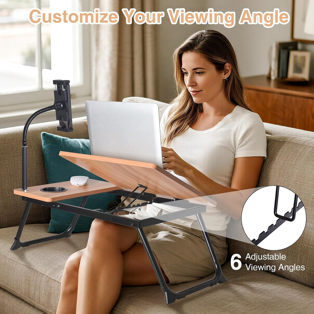 wishacc Lap Desk for Bed, Laptop Desk with Adjustable Tablet Stand, Sturdy Metal Frame Bed Desk, Foldable Laptop Bed Tray Table for Adults Couch Sofa, Portable Lap Desk for Laptop & Phone Slot - Image 6