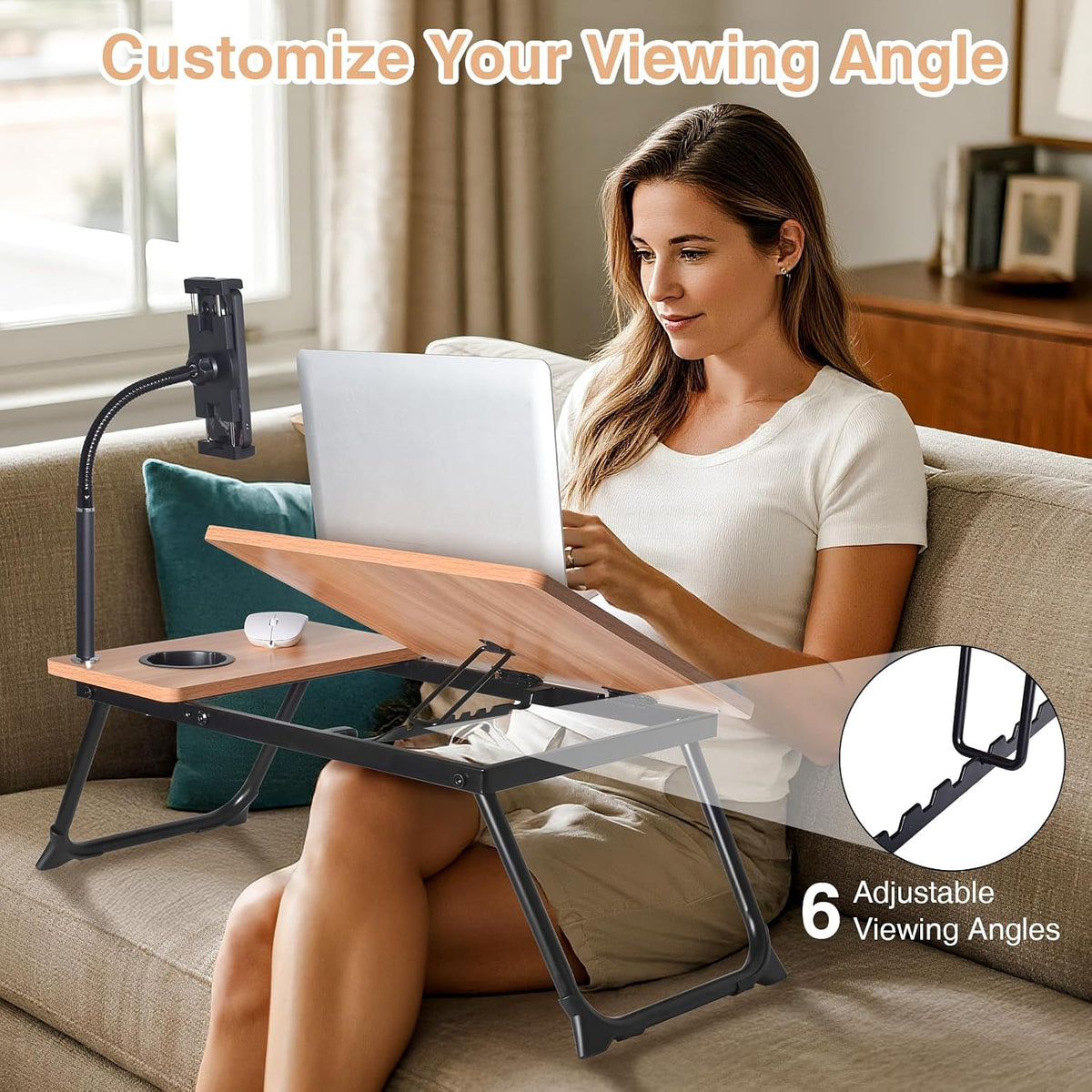 wishacc Lap Desk for Bed, Laptop Desk with Adjustable Tablet Stand, Sturdy Metal Frame Bed Desk, Foldable Laptop Bed Tray Table for Adults Couch Sofa, Portable Lap Desk for Laptop & Phone Slot - Image 6