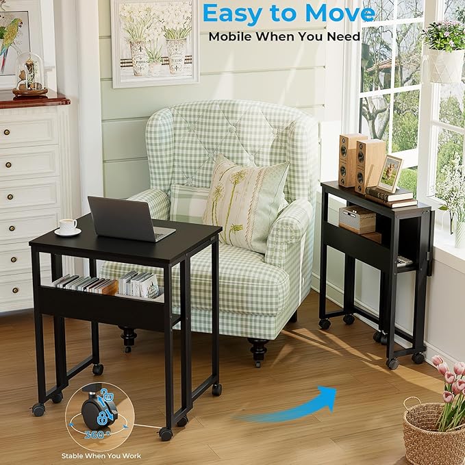 GreenForest Folding Desk with Wheels, 24.8" Rolling Table for Small Spaces | Storage Shelf, Lockable Casters, Compact Portable Workstation, Space-Saving Foldable Sofa Table, Home Office, Mobile, Black - Image 4