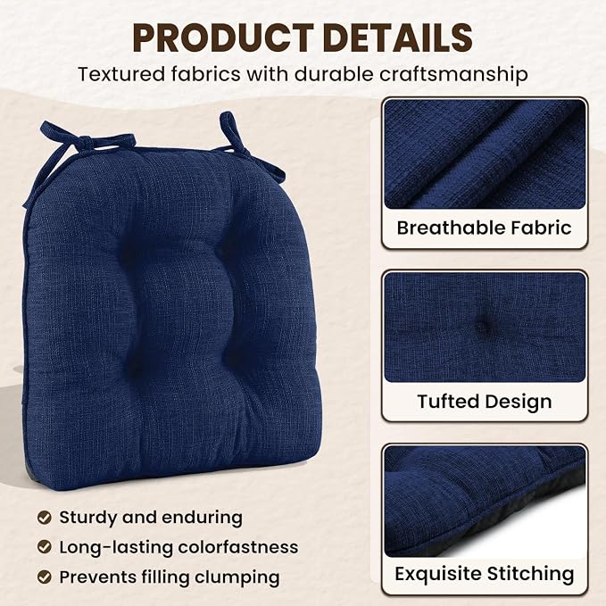 downluxe Indoor Chair Cushions for Dining Chairs, Tufted Overstuffed Textured Kitchen Chair Pads with Ties and Non-Slip Backing, 15.5" x 15.5" x 4", Royal Blue, 4 Pack - Image 5
