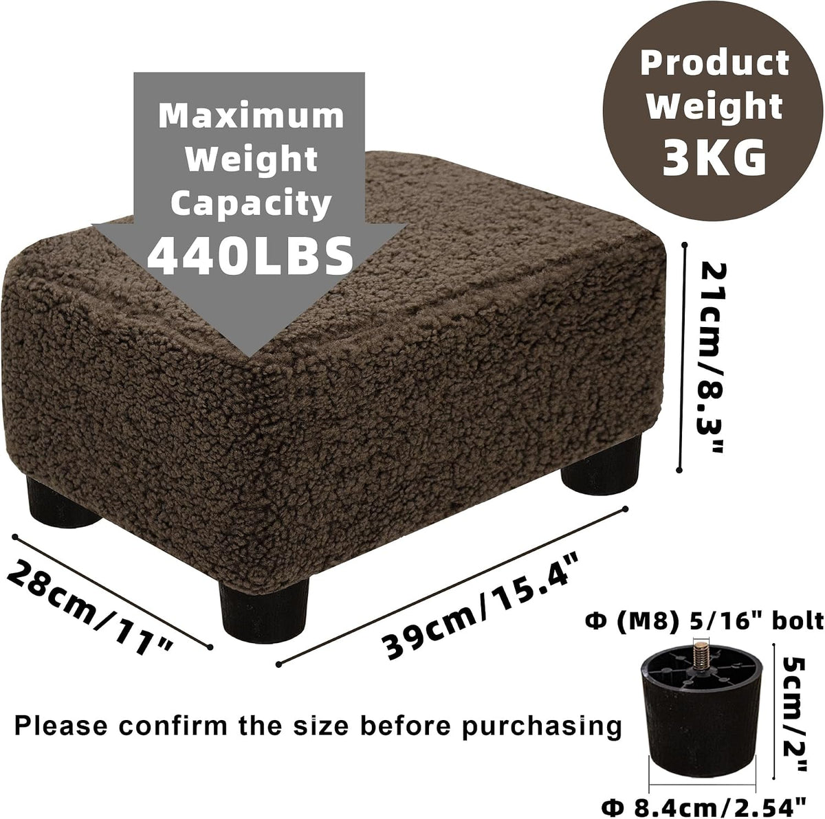 CAROLMADE Small Foot Stool Ottoman Footstool with Legs Under Desk Footrest for Living Room Bedroom and Office, Soft Brown - Image 3