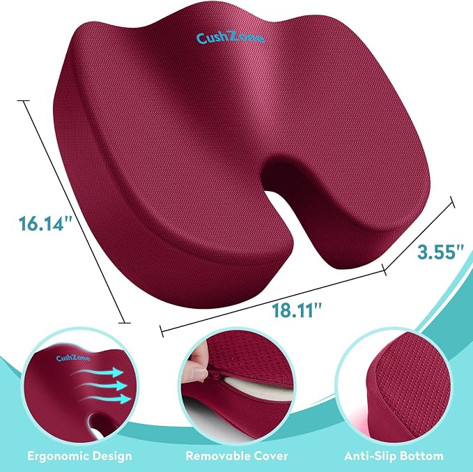 Gel Seat Cushion, Enhanced Memory Foam Cushion for Tailbone Pain, Red | Cooling Gel for Office Chair, U-shaped Design Chair Cushion for Gaming, Car, Wheelchair, Non-Slip Base, Washable Cover - Image 3