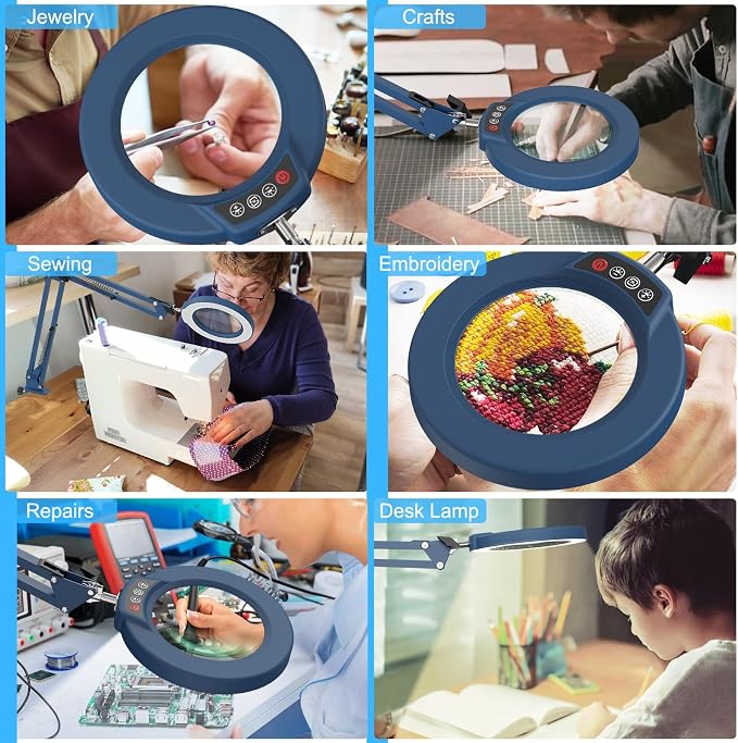 10X Magnifying Glass with Light and Clamp, Real Glass Stand Lighted Magnifier, 5 Color Modes Stepless Dimmable LED Desk Lamp Hands Free for Crafts Hobby Reading Painting Sewing Close Work - Blue - Image 7
