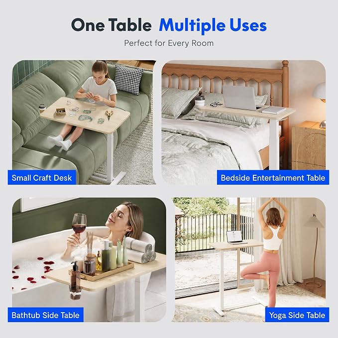 FLEXISPOT H7 32" Pneumatic Height-Adjustable Overbed Table with Wheels | C-shaped bedside table TV Tray,Medical End Side Table,Laptop desk for sofa and home office use,31.5"W x 17.7"D,White Wood - Image 8