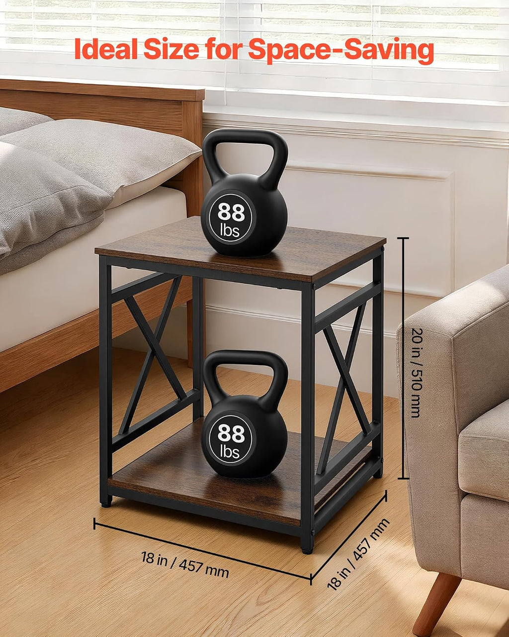 VEVOR End Table 18" Square, 2-Tier Side Table with Open Storage Shelves, Industrial Nightstand Bedside Table with Metal Frame & Wood Top, Small Sofa Table for Living Room, Bedroom, Office, Dorm - Image 2