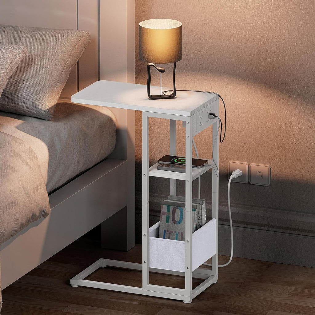 C Shaped End Table with Charging Station, Small Side Table for Couch Recliner, Slide Under Sofa Desk Snack Tables with Storage Bag & AC / USB Outlet, Small Spaces Drink Tables for Living Room, Bedroom - Image 2