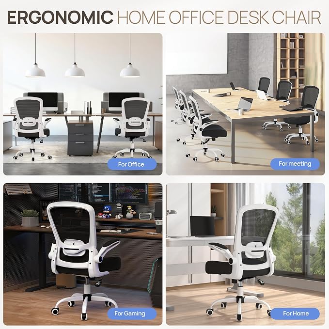 Mimoglad Ergonomic Office Chair - Desk Chair with Flip-up Armrests & 135° Recline, Adjustable Lumbar Support - Space-Saving Task Chair for Business/Team Office & Home (White Frame-Black, 300lbs) | Supports 300 lbs · Seat 19.48"–23.4" · Breathable mesh ... - Image 7