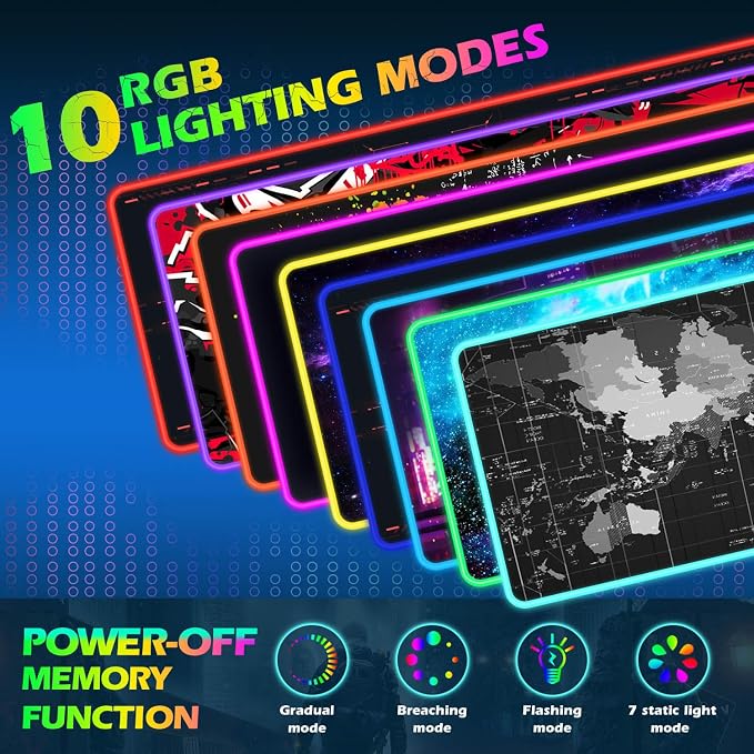 ToLuLu RGB Gaming Wireless Charging Mouse Pad, 5/7.5/10/15W LED Mouse Pad | 10 Light Modes Computer Keyboard Mat Mousepad, 800x300x4MM Extended Large Desk Mat for Gaming, MacBook, Laptop, PC, World Map - Image 3