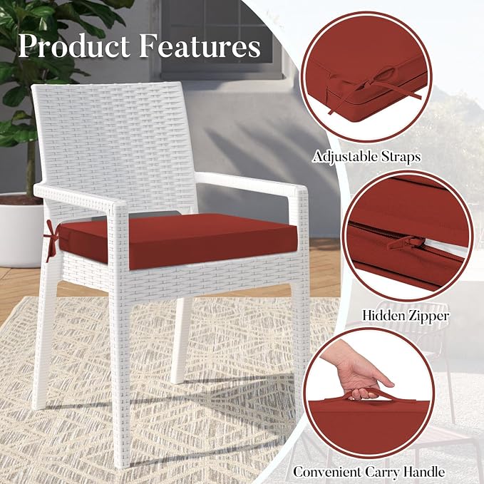 Basic Beyond Outdoor Chair Cushions for Patio Furniture, Waterproof Outdoor Seat Cushions Set of 4 18 x 18, Patio Chair Cushions Set of 4 with Ties and Handle, Brick Red - Image 5
