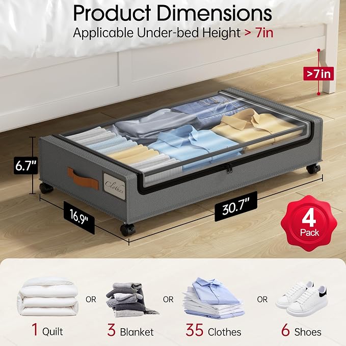 Yecaye 4 Pack Under Bed Storage with Wheels, Under Bed Storage Containers with Lids, Large Under Bed Rolling Storage with Clear Window & Label, Rolling Drawers for Clothes, Blankets, Books - Image 2