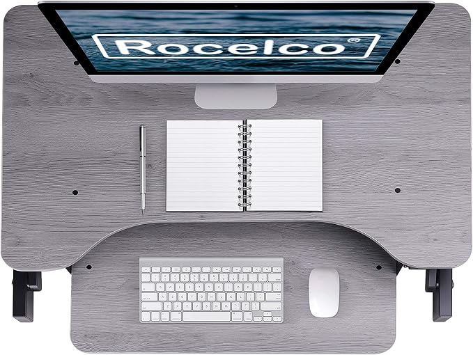 Rocelco 37.5" Deluxe Height Adjustable Standing Desk Converter - Quick Sit Stand Up Dual Monitor Riser - Gas Spring Assist Computer Workstation - Large Retractable Keyboard Tray - Gray (R DADRG) - Image 5